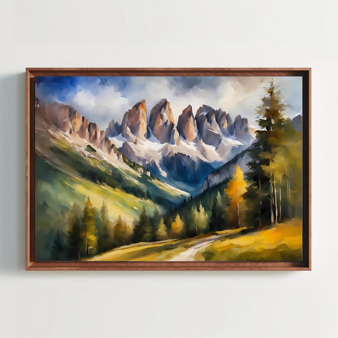 Jagged Alpine Peaks Meadow Valley Watercolor Landscape Poster