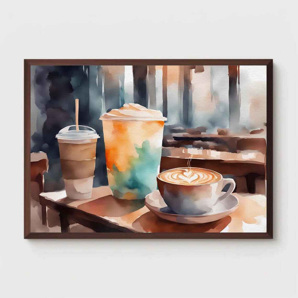 Watercolor Trio of Coffee Cups with Latte Art on Cafe Table Poster