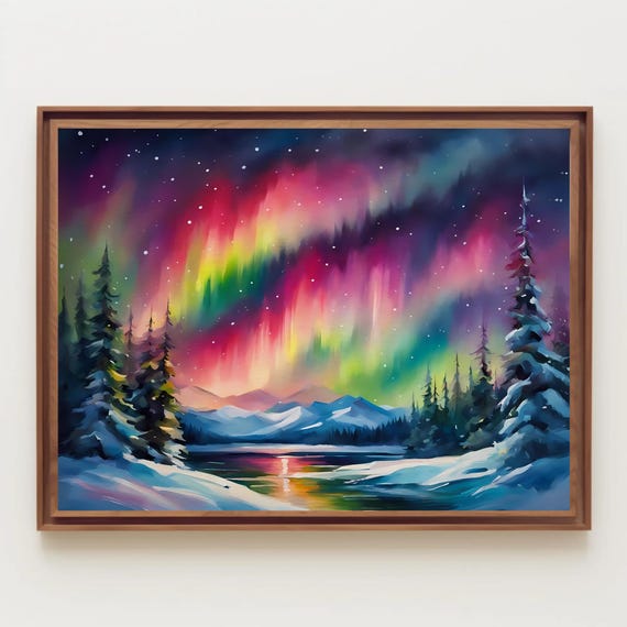 Northern Lights During Winter Watercolor Painting Winterscape Nightscape Aurora Borealis Art