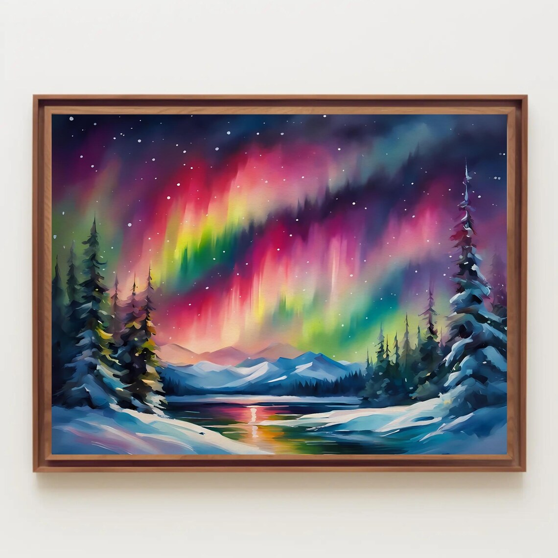 Colorful Northern Lights Over Snowy Forest Winter Watercolor Poster