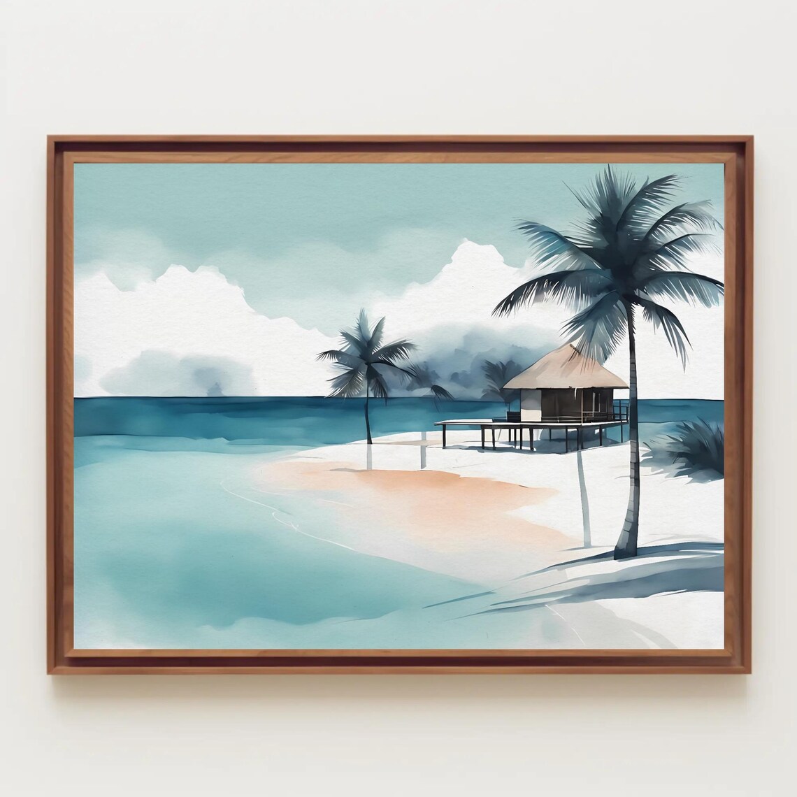 Tropical Beach With a Leaning Palm and Overwater Hut Watercolor Poster