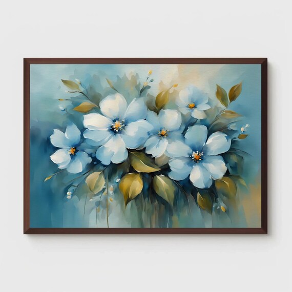White and Blue Spring Blossoms Soft Floral Bouquet Watercolor Art Poster