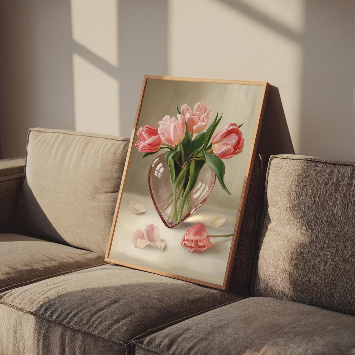 Pink Tulips in Heart Shaped Glass Vase Soft Oil Painting Poster - Image 2