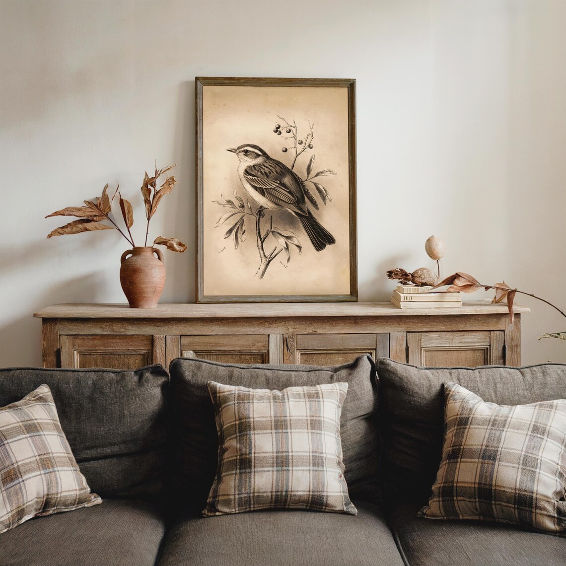 Vintage Songbird Branch Sketch Antique Sepia Bird Illustration Poster - Image 2