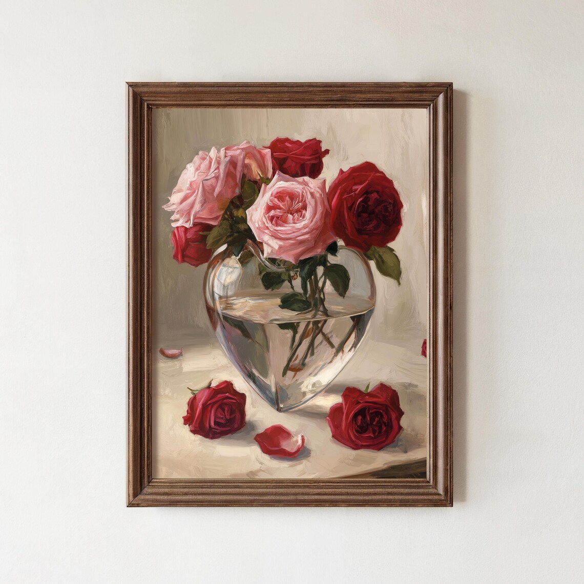 Red and Pink Roses Glass Vase Oil Painting Classic Floral Poster
