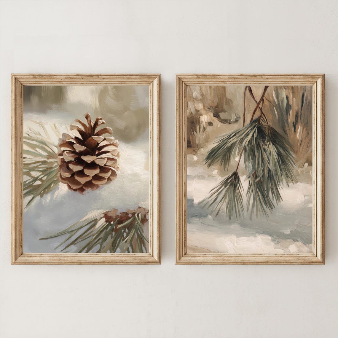 Winter Pinecone and Pine Branch Botanical Pair Painting Poster - Image 4