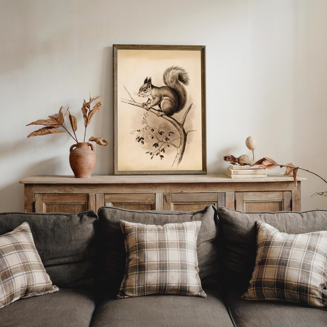 Vintage Squirrel Branch Sepia Sketch Antique Wildlife Acorn Art Poster - Image 2