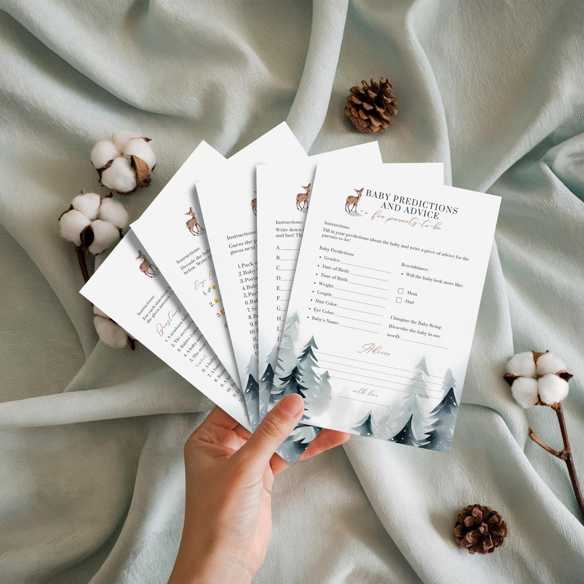 Baby Shower Game Cards Winter Deer Pine Forest Printable Party Print