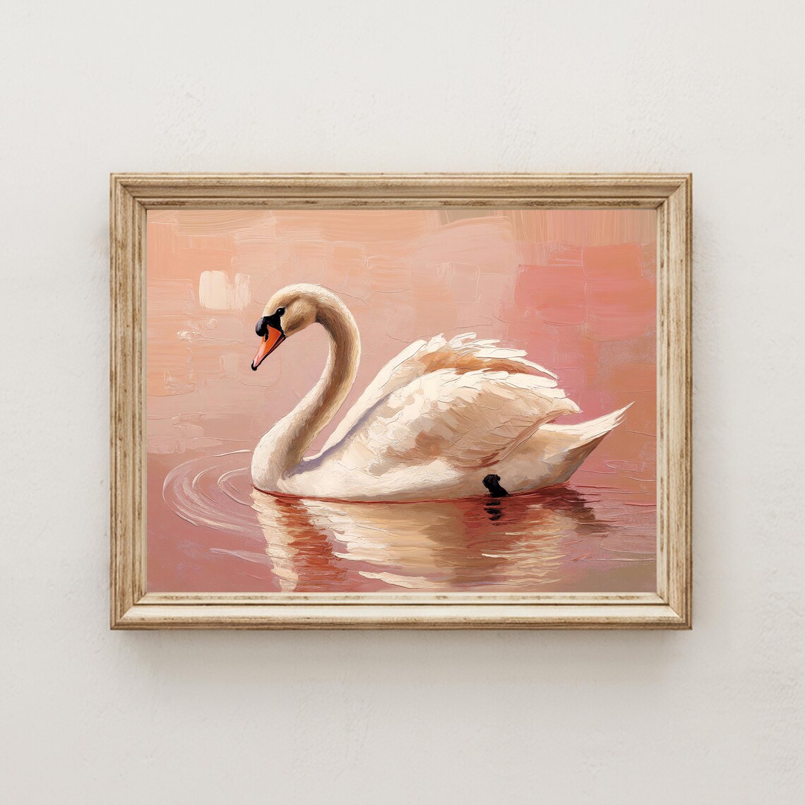Elegant White Swan Gliding on Rose Pink Water Oil Painting Poster