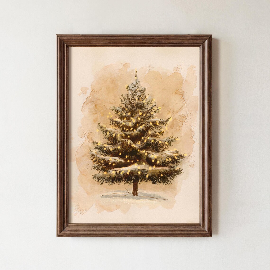 Watercolor Snowy Christmas Tree Warm Lights Beige Wash Poster - Image 4
