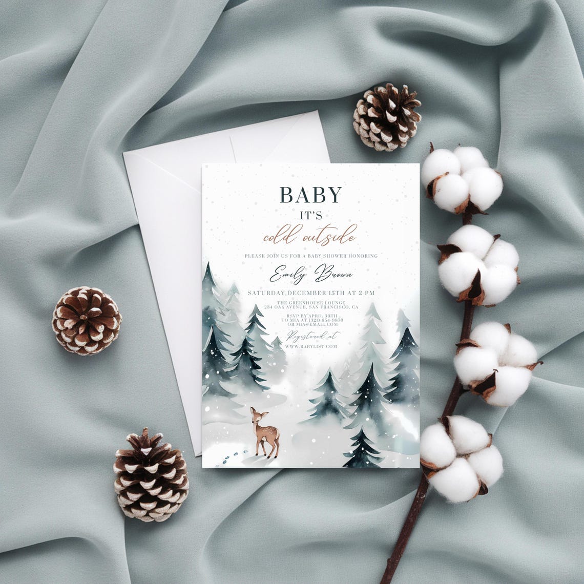Baby Shower Invitation Winter Deer Pine Forest Cold Outside Print - Image 4