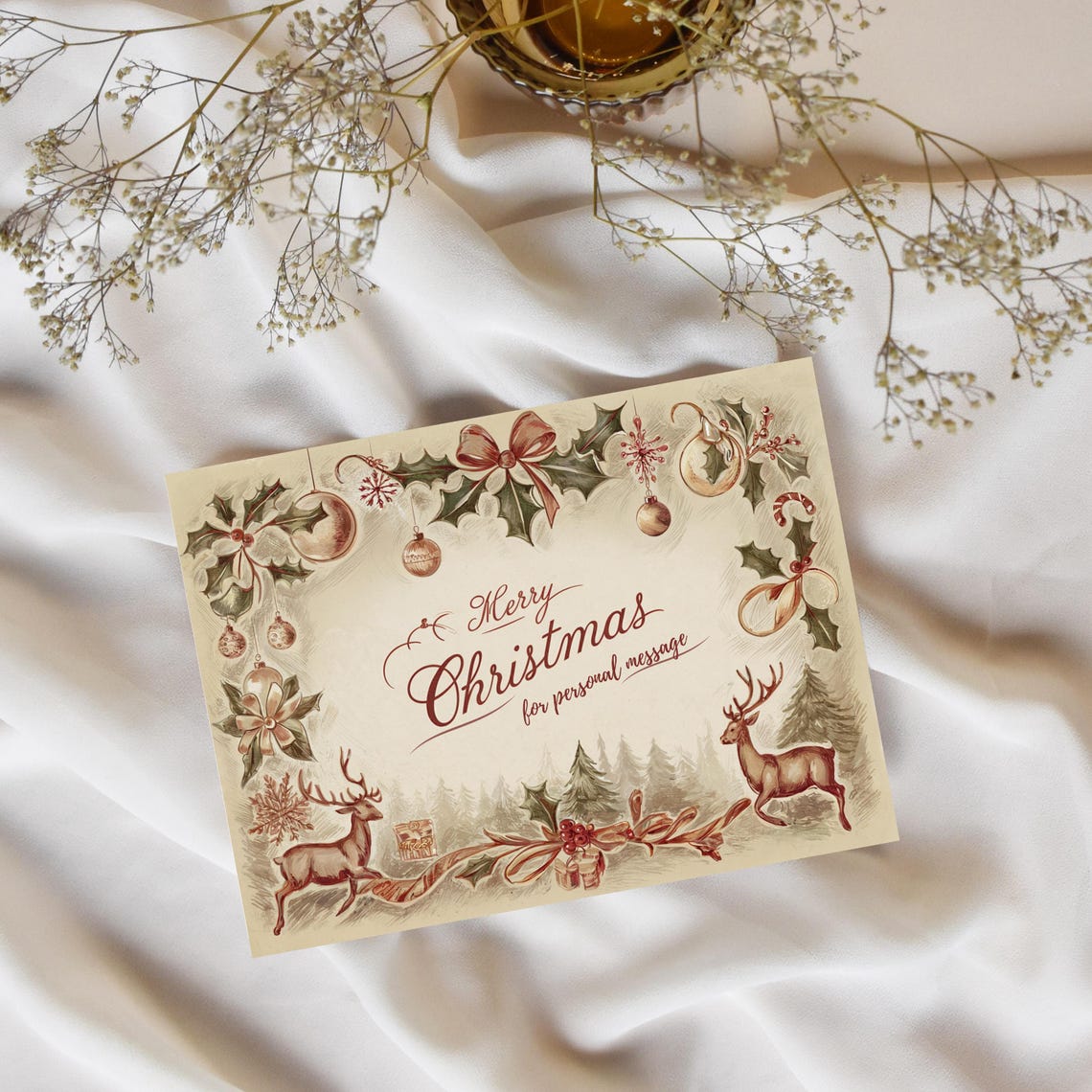 Vintage Merry Christmas Cards Holly Border Personal Message Print - Image 4