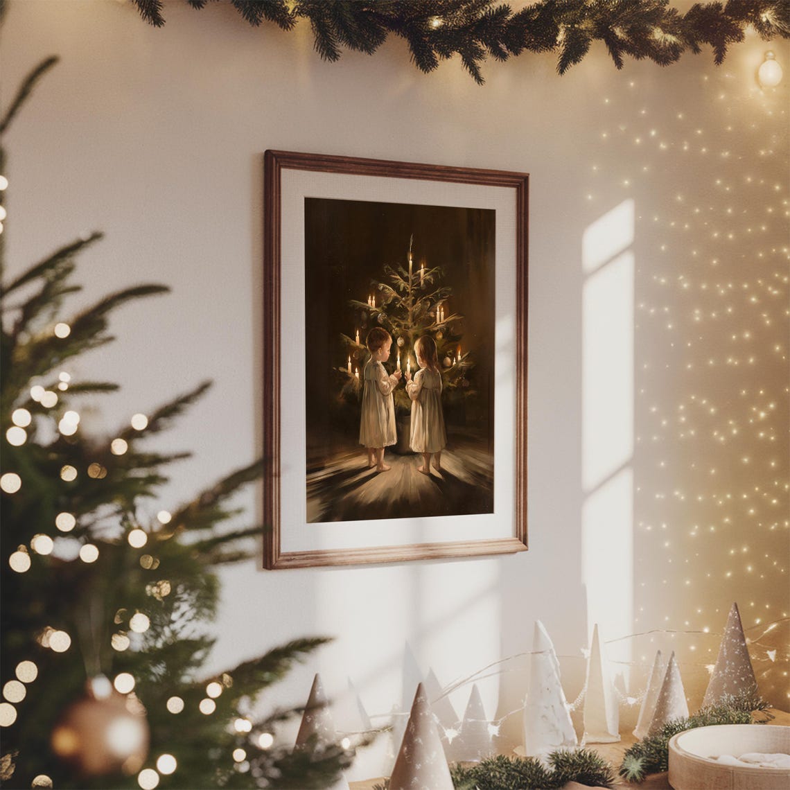 Vintage Children Holding Candles Before Dark Christmas Tree Poster - Image 3