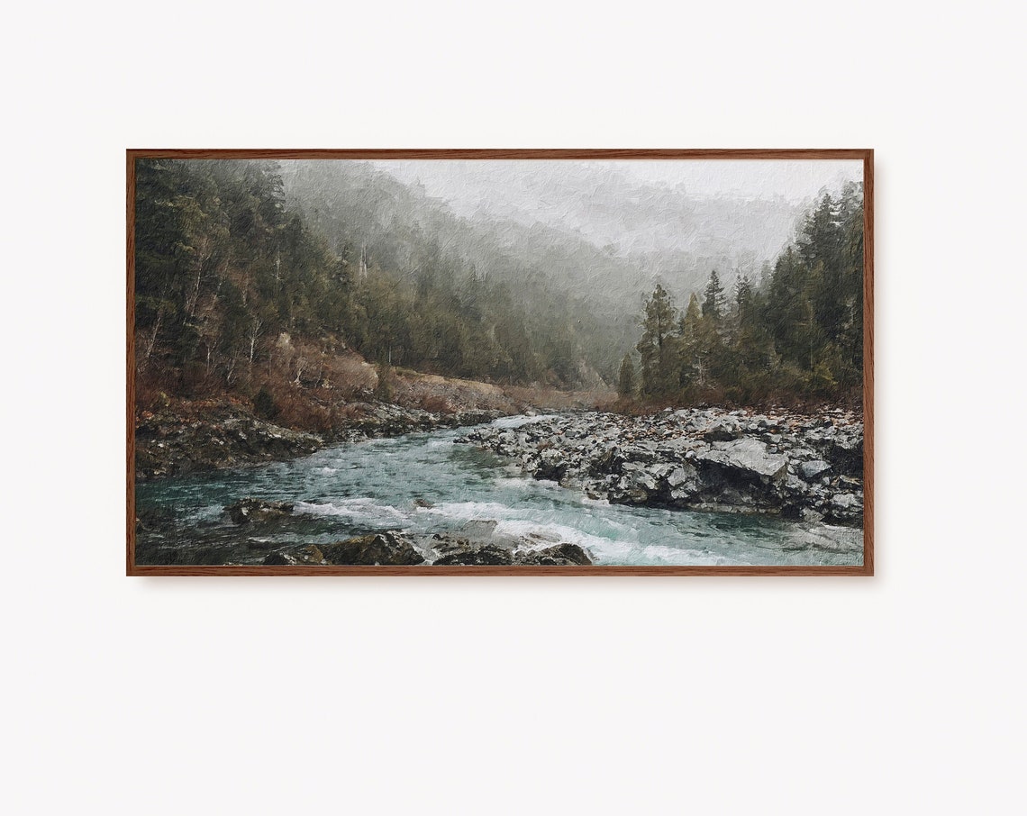 Misty Mountain River Evergreen Forest Landscape Frame TV Print