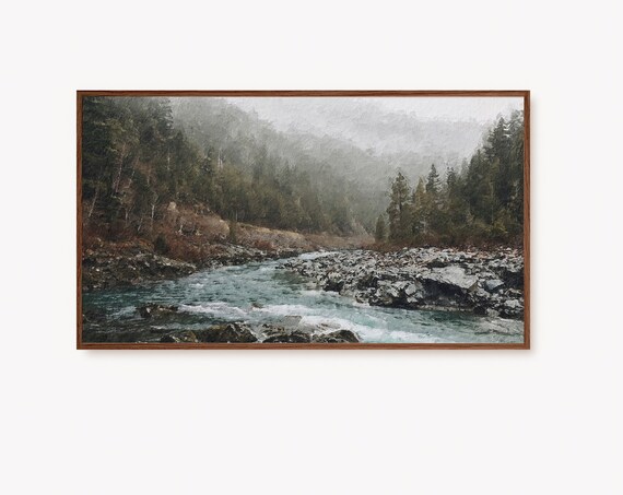 Frame Tv Art Vintage Mountain Landscape Painting Rustic Decor Muted Lake Stream Artwork For The Frame Tv
