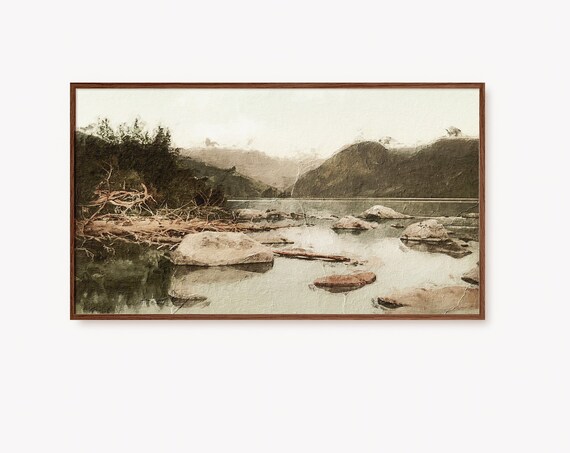 Frame Tv Art Vintage Lake Mountain Landscape Painting Muted Neutral Artwork For The Frame Tv