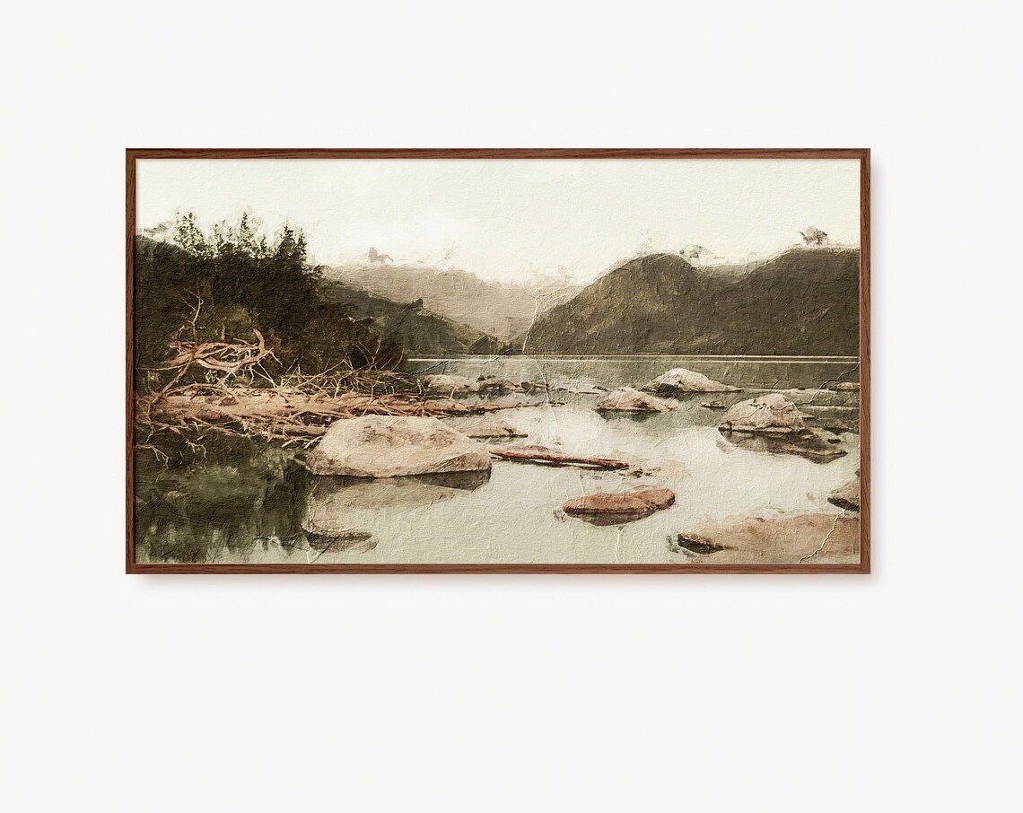Muted Vintage Lake Mountain Rocky Shore Landscape Painting Art Print