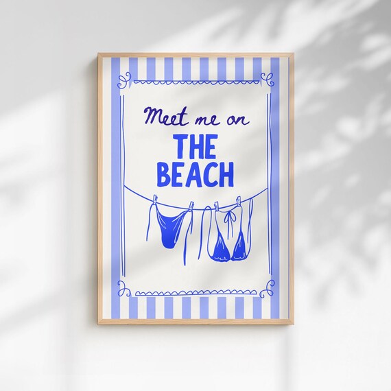 Meet Me On The Beach Blue Striped Coastal Summer Decor Poster
