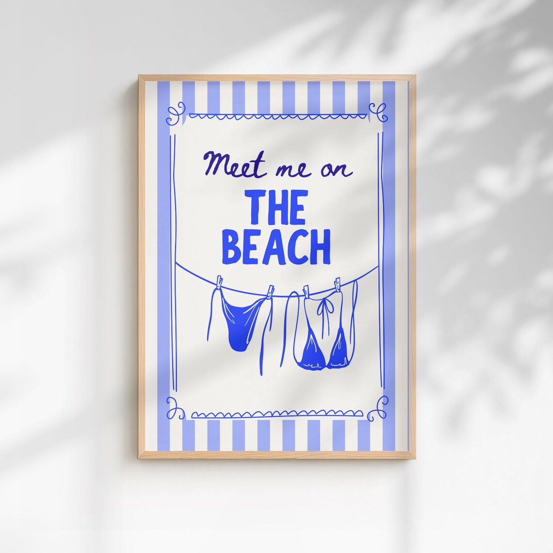 Meet Me On The Beach Blue Striped Coastal Summer Decor Poster