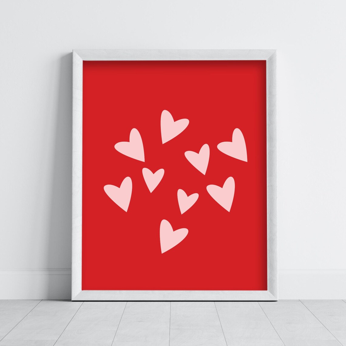 Pink Hearts on Red Modern Valentine Minimalist Love Art Poster