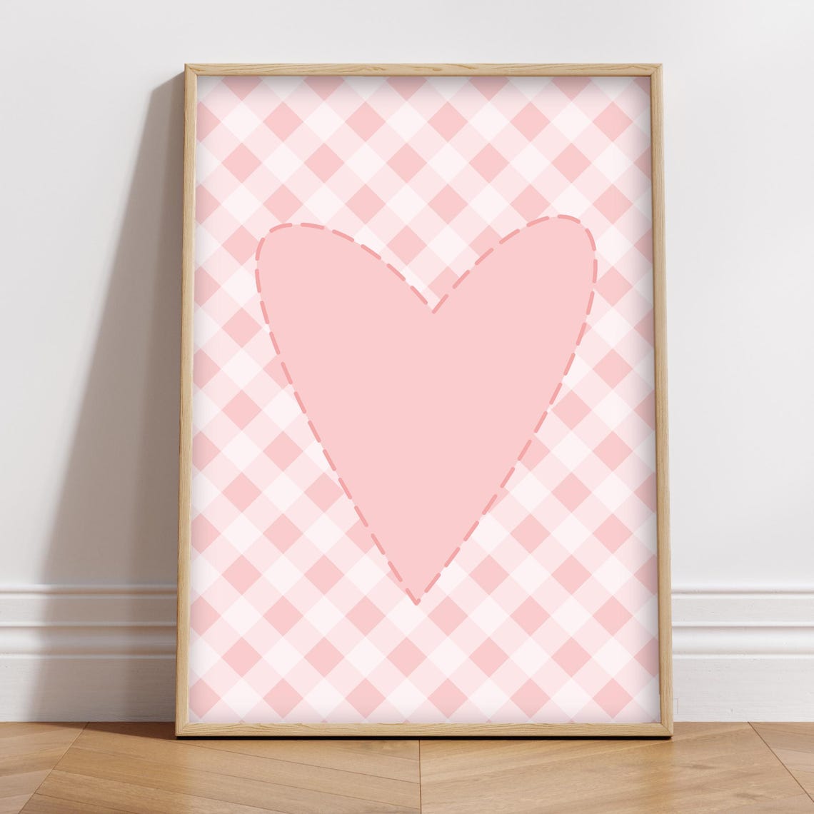 Pink Plaid Heart Stitched Outline Valentine Modern Farmhouse Poster