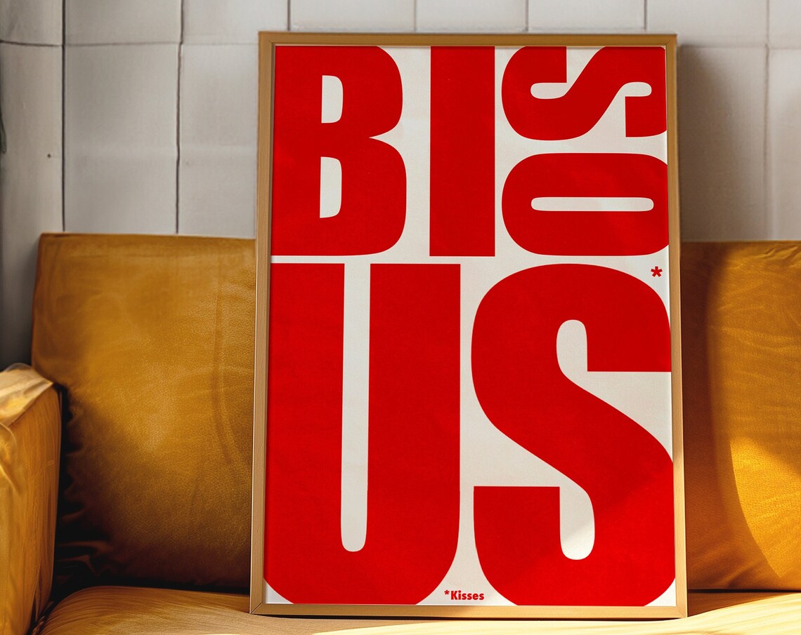 Bisous French Typography Poster in Bold Red Retro Style With Kisses
