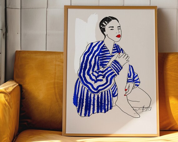 Blue Striped Woman Line Art Print 70s Retro Poster