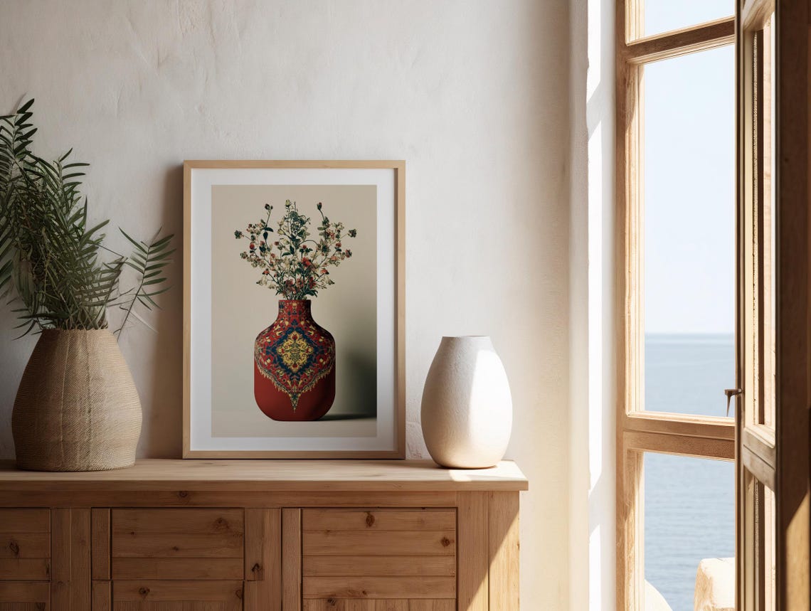Ornate Red Patterned Vase With Wildflowers Still Life Art Poster