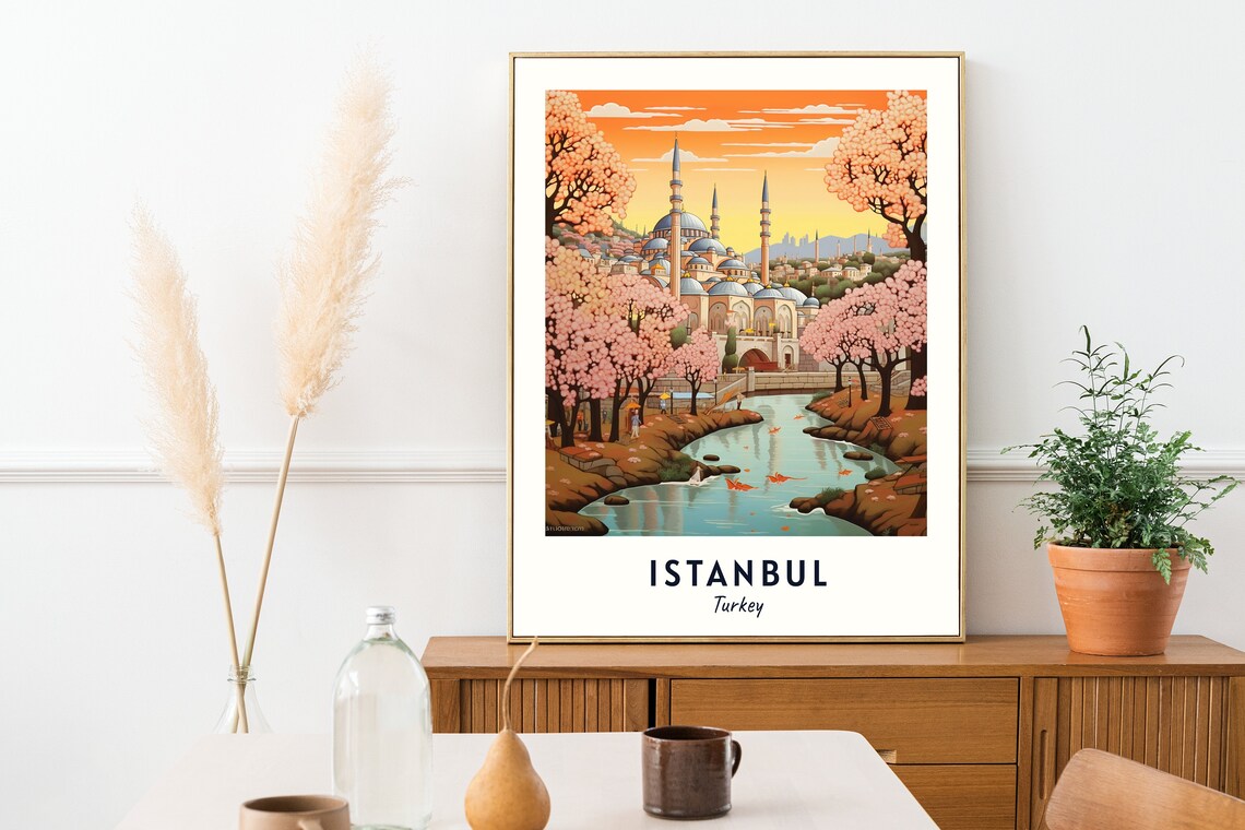 Istanbul Turkey Travel Poster with Mosque and Pink Blossom Trees - Image 2