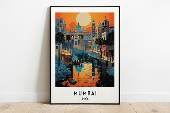 Mumbai India Sunset River Boats Palms Orange Sky Travel Poster