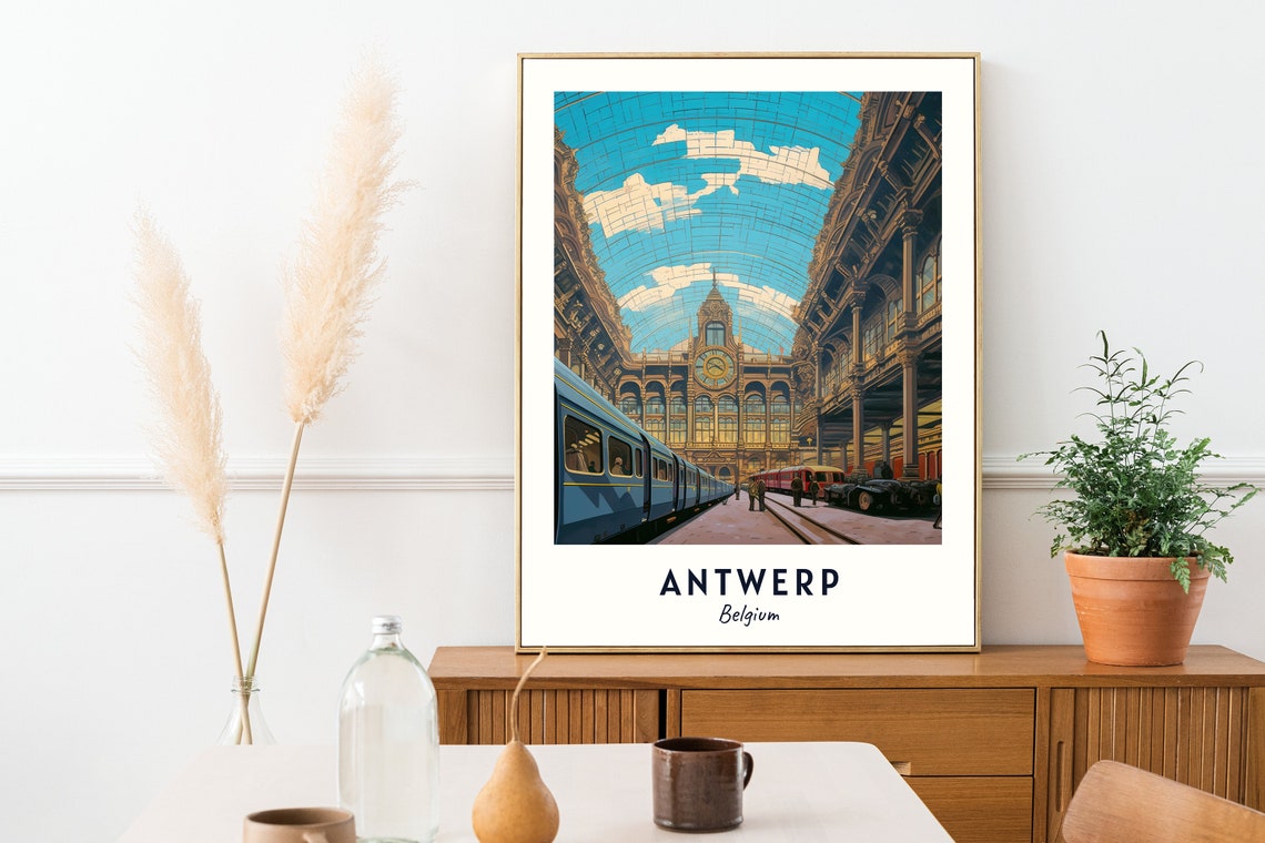 Antwerp Central Station Grand Hall Clock Trains Belgium Travel Poster - Image 2