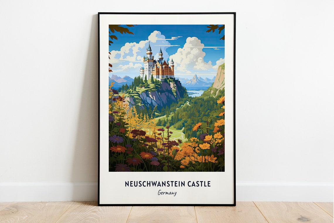Neuschwanstein Castle Germany Cliff Wildflowers Travel Poster