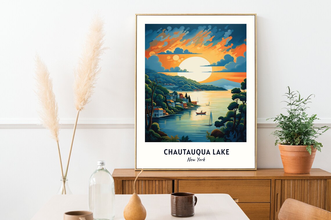 Chautauqua Lake New York Sunset Sailboats Lakeside Hills Scene Poster - Image 2
