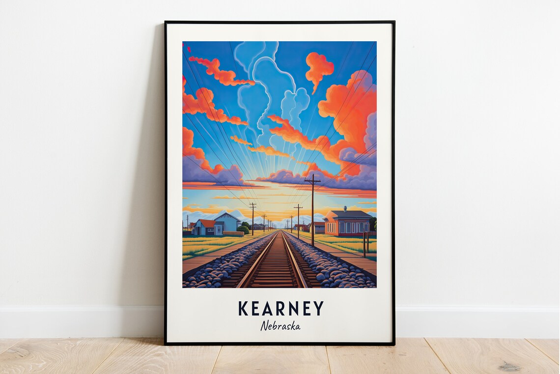 Kearney Nebraska Railroad Tracks Sunset Heartland Travel Poster