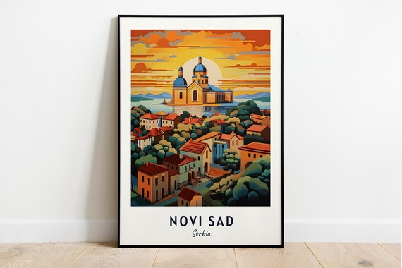 Novi Sad Serbia Cathedral Domes Riverside Town Sunset Travel Poster