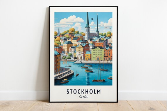 Stockholm Sweden Old Town Daytime Harbor Boats Scene Travel Poster
