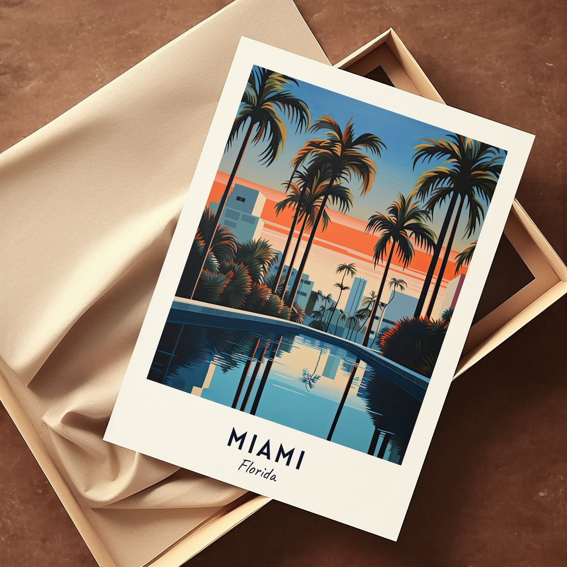 Miami Florida Resort Pool at Sunset with Palm Trees Travel Poster - Image 3