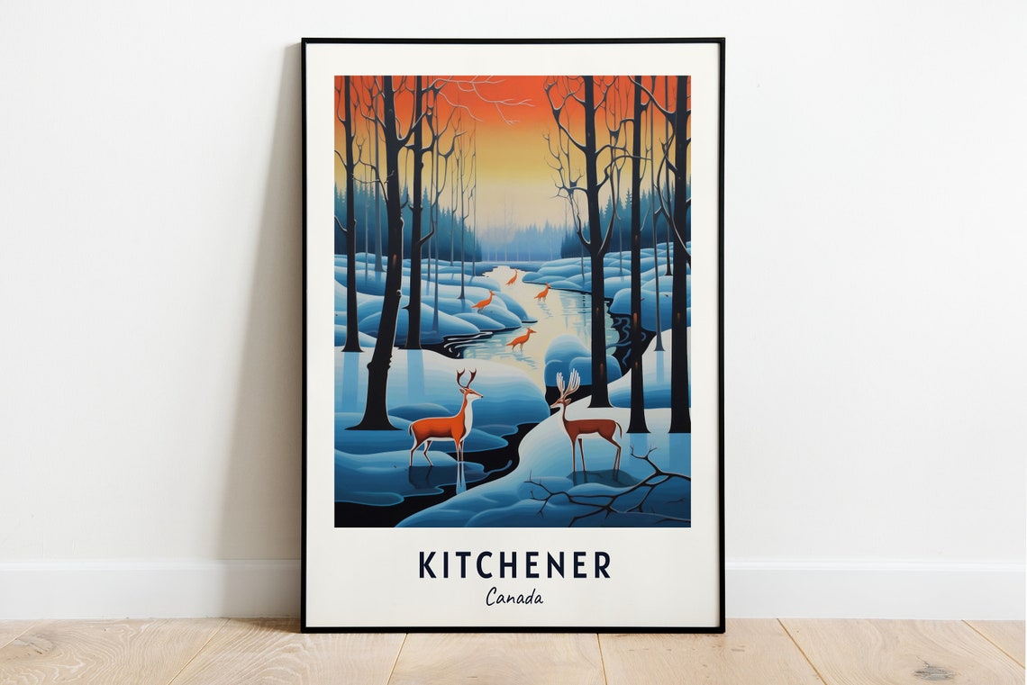Kitchener Canada Winter Deer Forest Sunset Creek Travel Poster