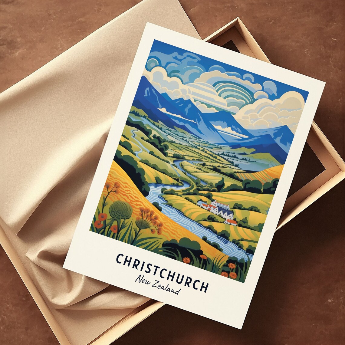 Christchurch New Zealand River Valley Southern Alps Travel Poster - Image 3