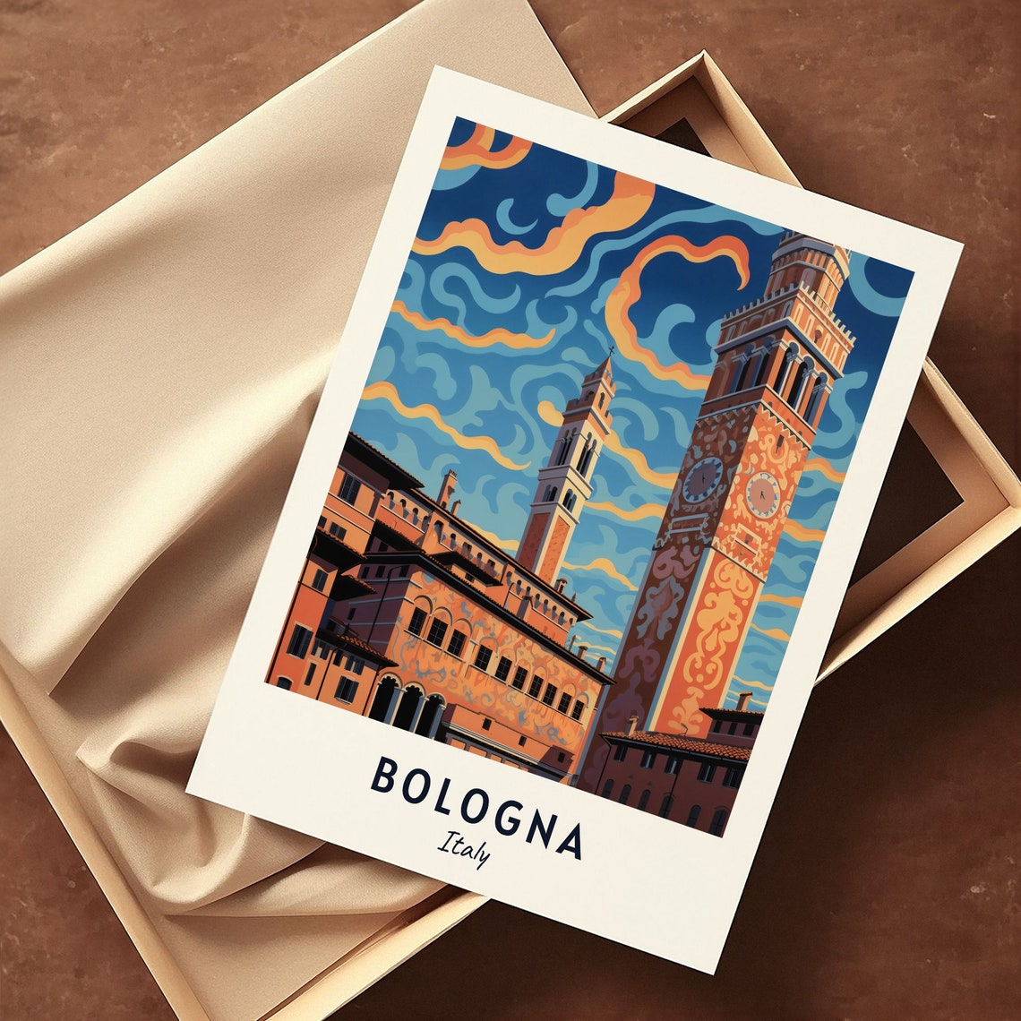 Bologna Italy Clock Towers Swirling Sky Travel Poster Home Decor - Image 3