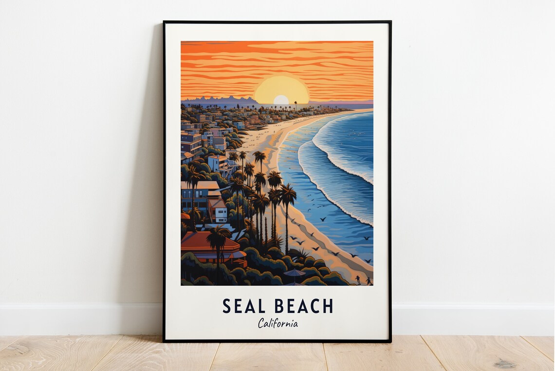 Seal Beach California Sunset Aerial Coastline Palms Travel Poster