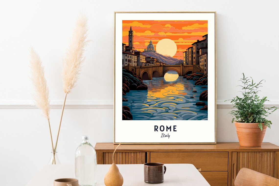 Rome Italy Old Stone Bridge River Sunset Domes View Travel Poster - Image 2