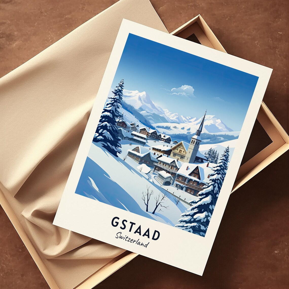 Gstaad Switzerland Church Tower and Snowy Chalets Winter Poster - Image 3