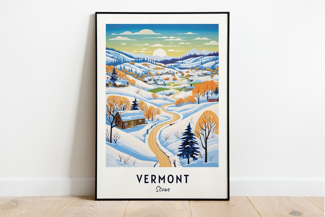 Vermont Stowe Snowy Winter Village Golden Sunrise Travel Poster