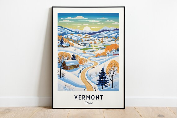 Vermont Stowe Snowy Winter Village Golden Sunrise Travel Poster