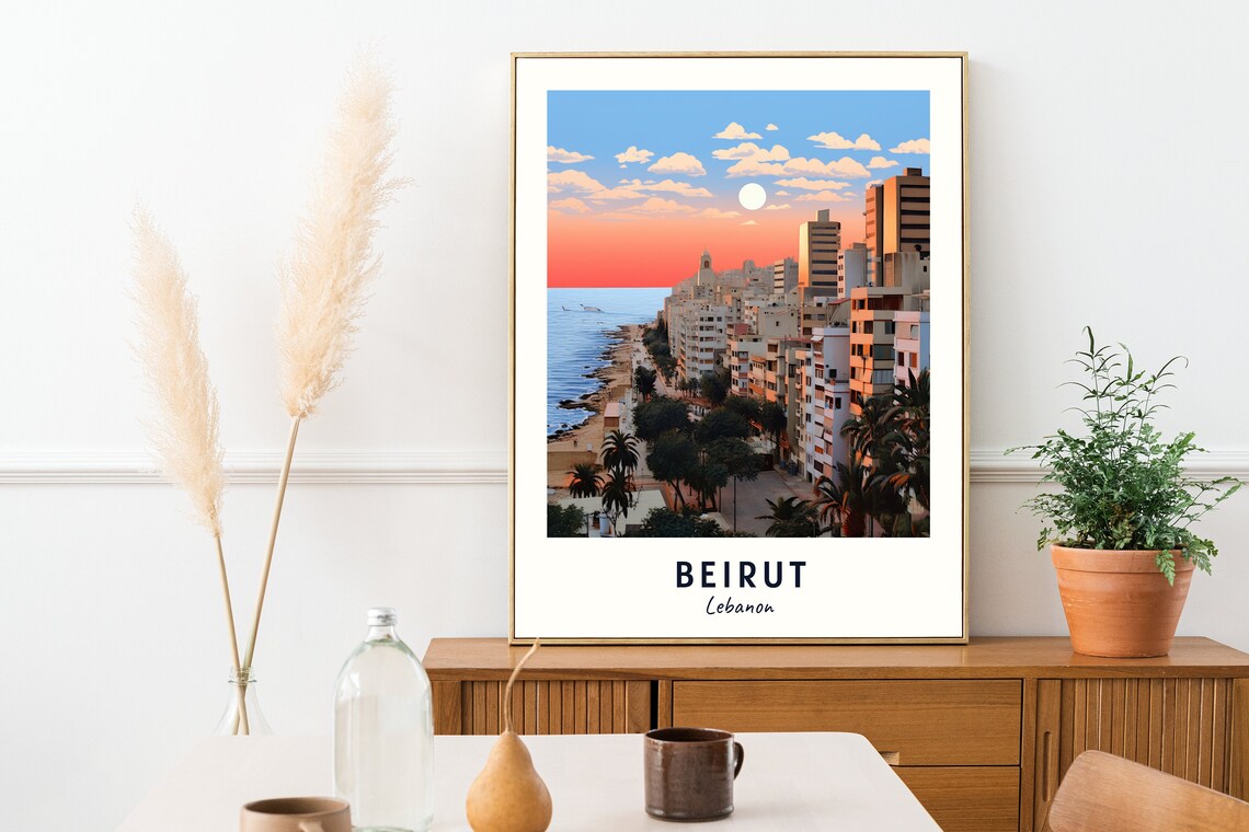 Beirut Lebanon Sunset Coastal City Skyline Vintage Travel Poster - Image 2