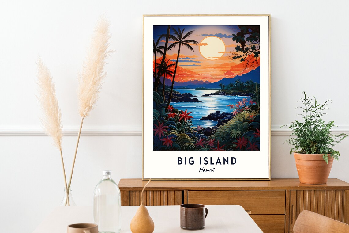 Big Island Hawaii Moonlit Cove Palm Trees Lava Rock Shore Travel Poster - Image 2
