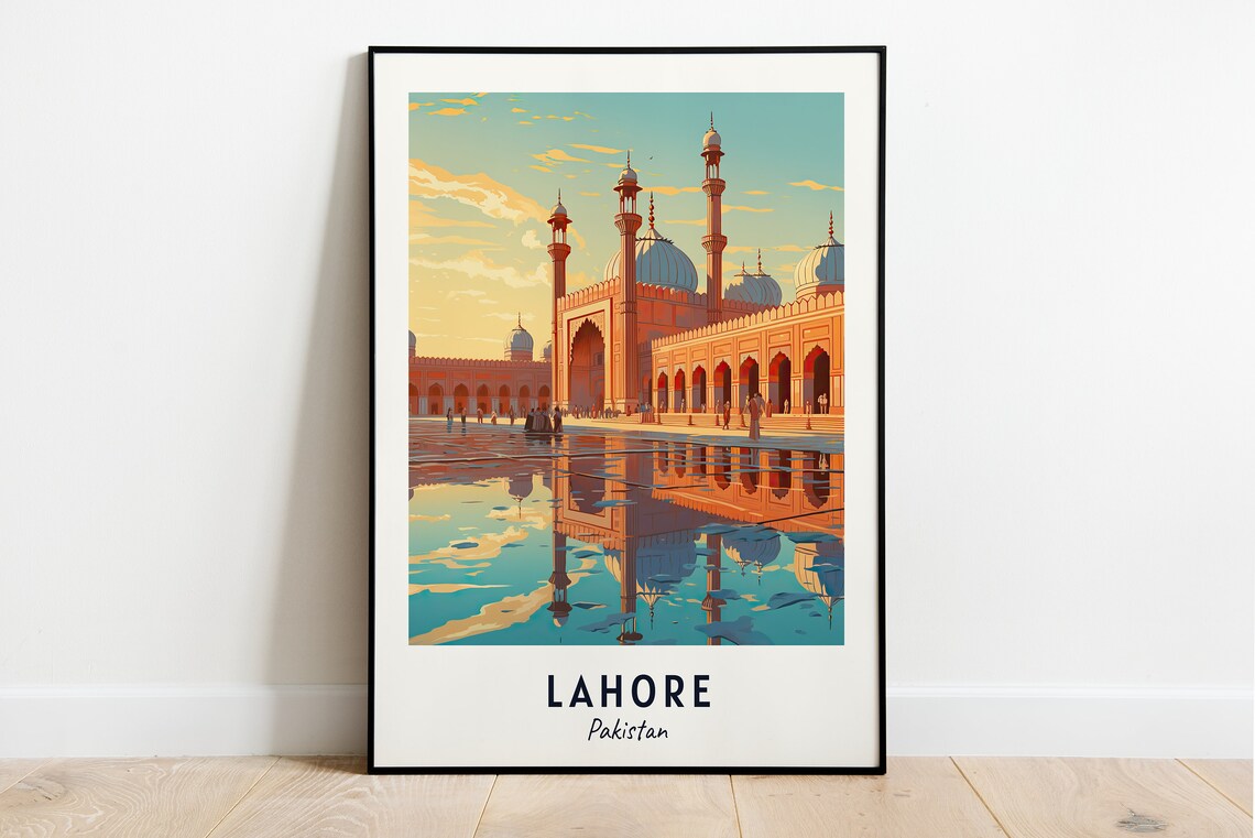 Lahore Mosque Golden Hour Reflection Over Water Pakistan Travel Poster