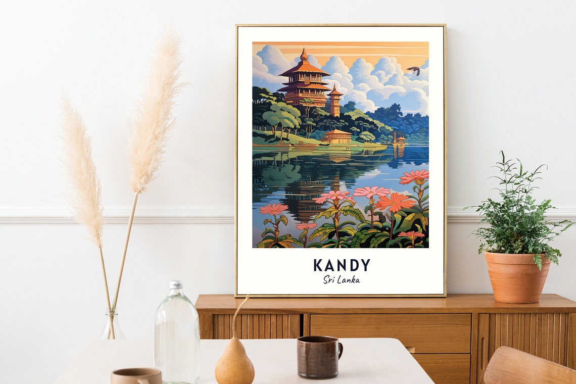 Kandy Sri Lanka Lakeside Temple Pink Blossoms Golden Sunset Poster - Image 2