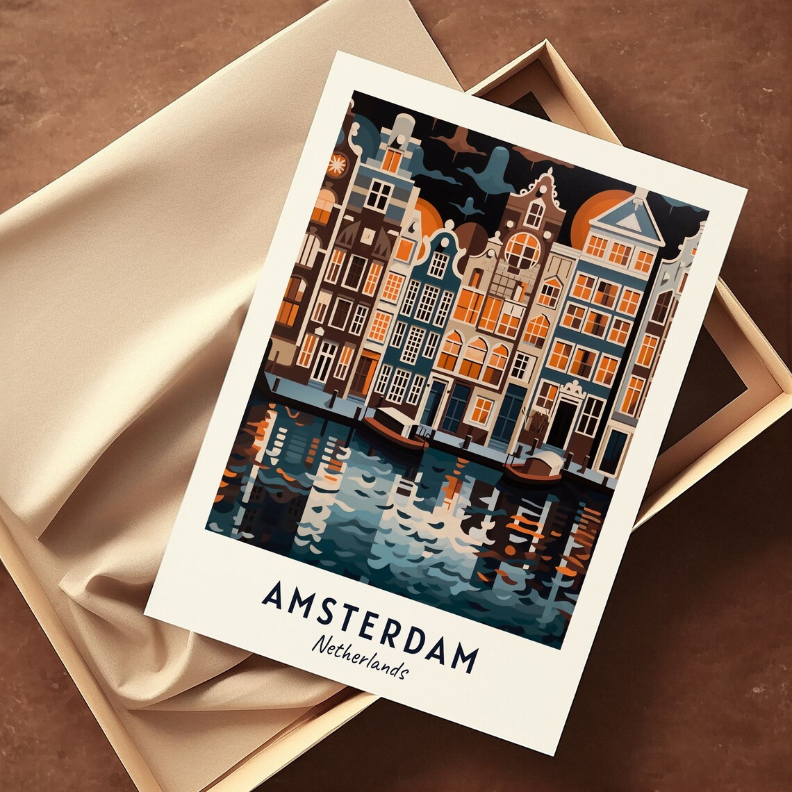 Amsterdam Canal Houses Night Water Reflection Boats Travel Poster - Image 3